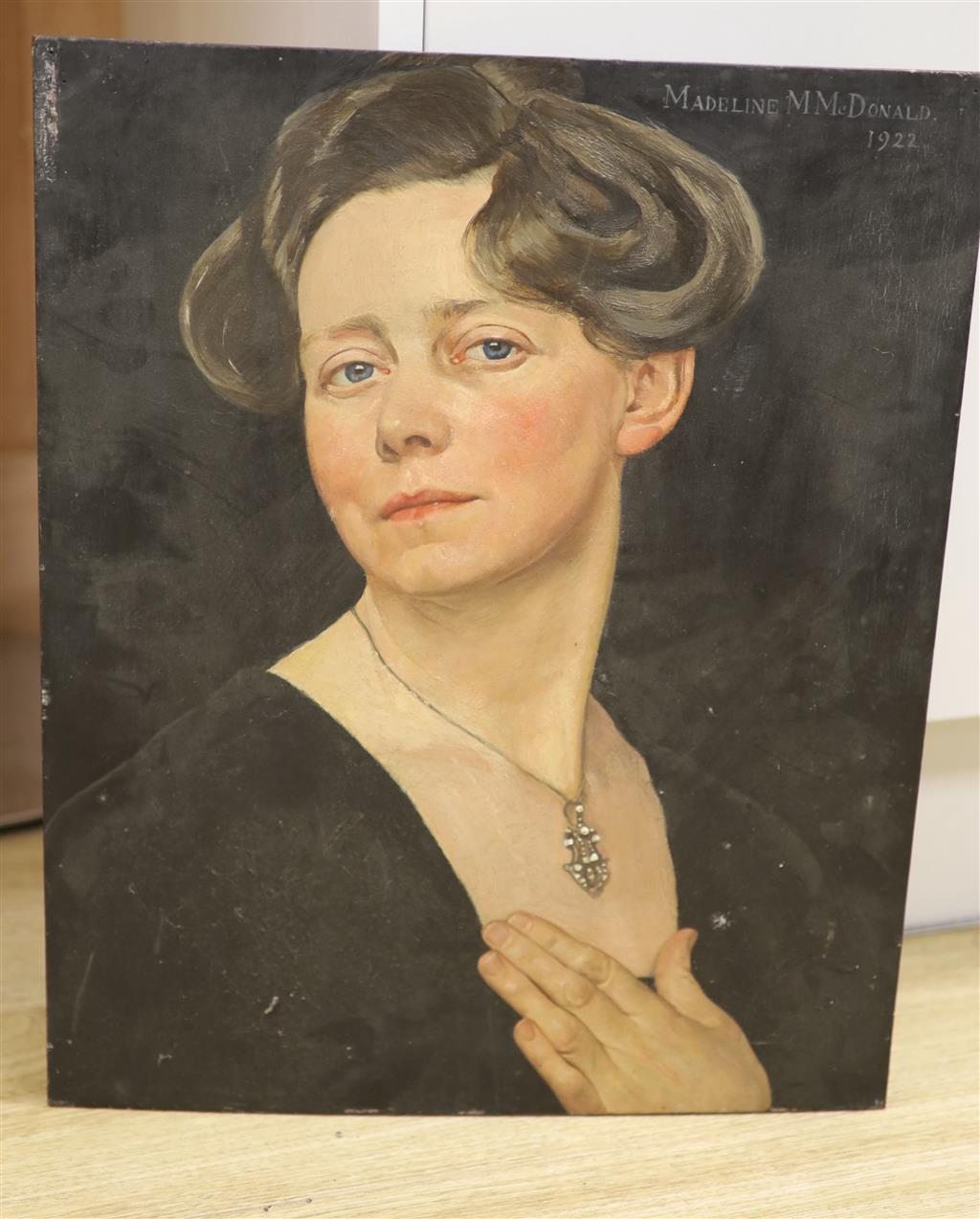 1920s English School, oil on panel, Portrait of Madelaine M. McDonald (1874-1942), dated 1922, 46 x 38cm, unframed